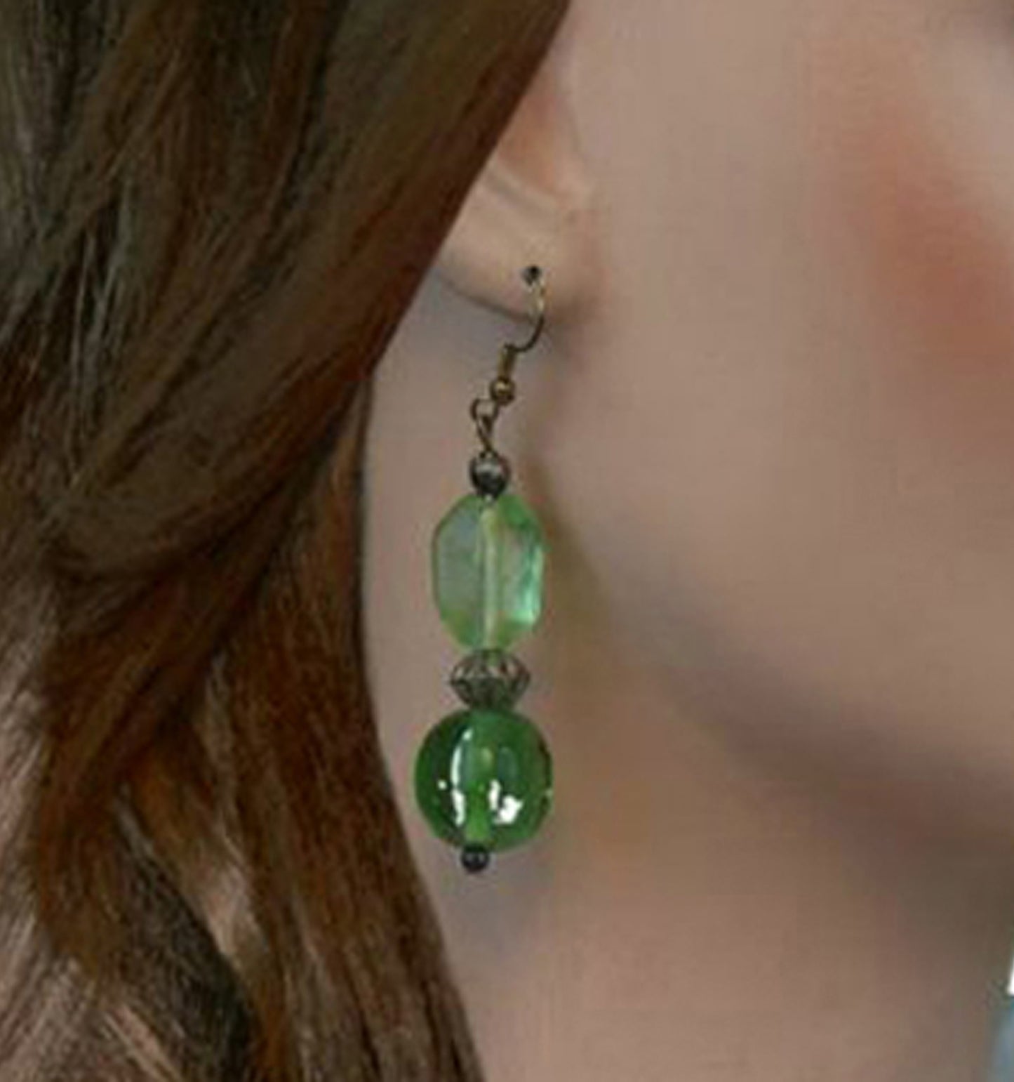 Green Beaded Distressed Beach Style Glass Silver Tone Pierced Earrings 3"