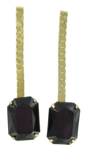 Pierced Earrings Dangle New Gold Tone Big Jewel Chain Black 2"