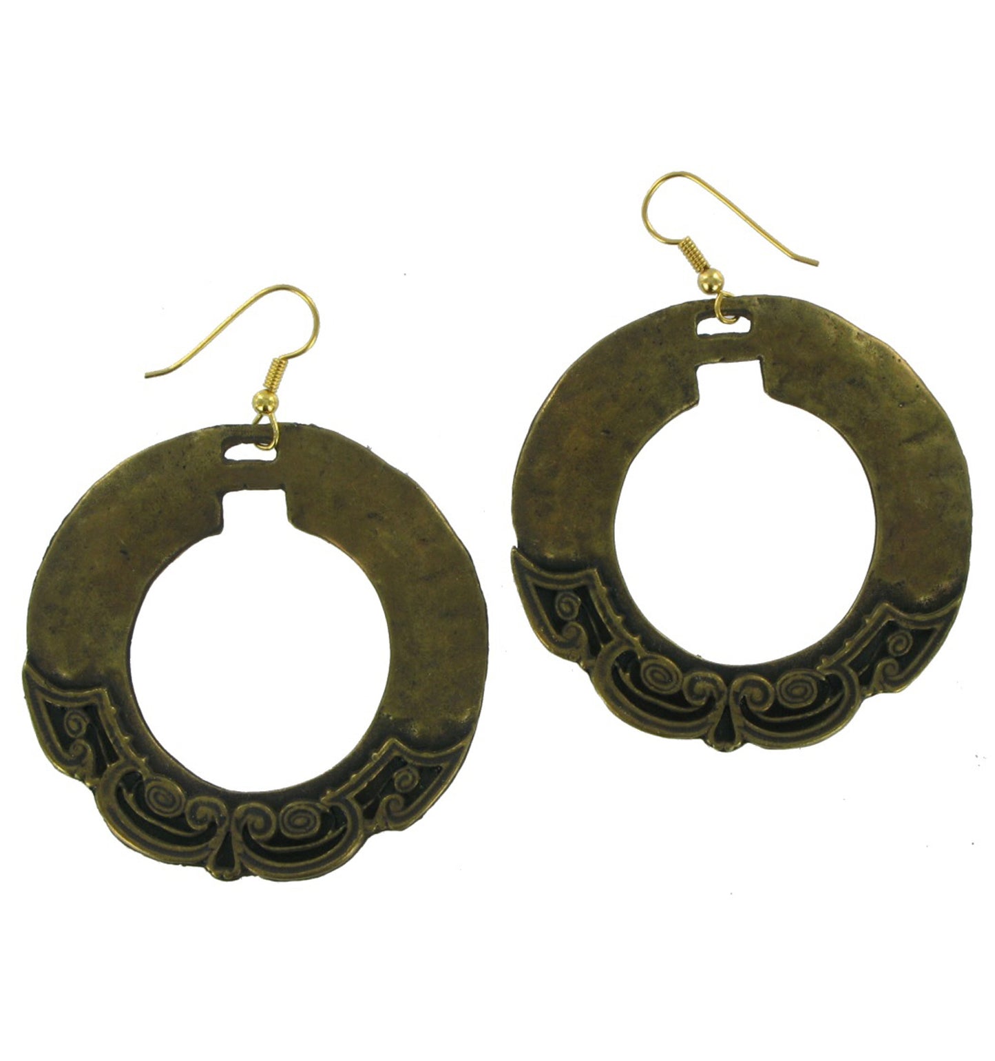 Large Antiqued Gold Tone Ornate Hoop Dangle Earrings 3"