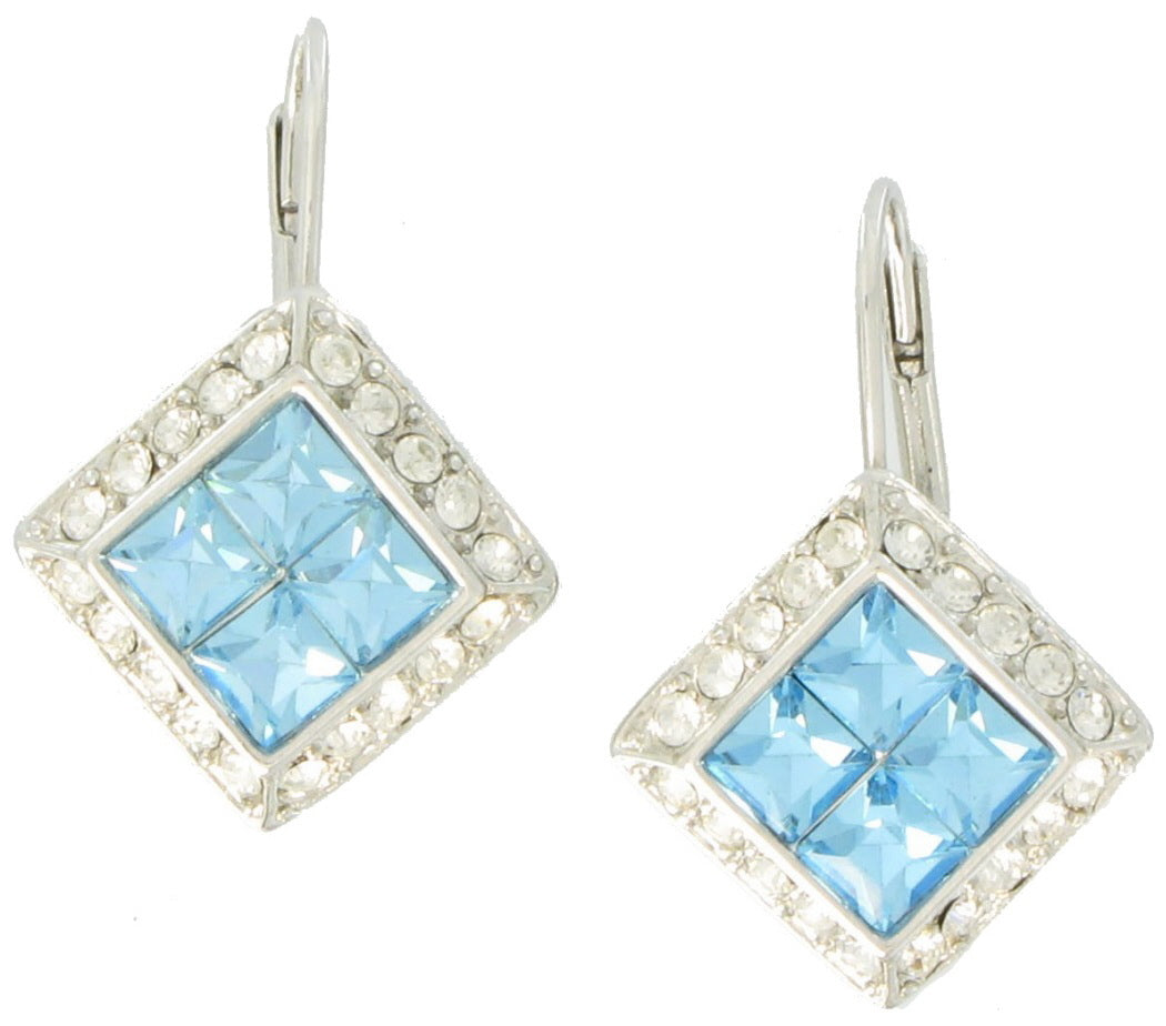 Blue Rhinestone Dangle Silver Tone Pierced Earrings 1 1/8"