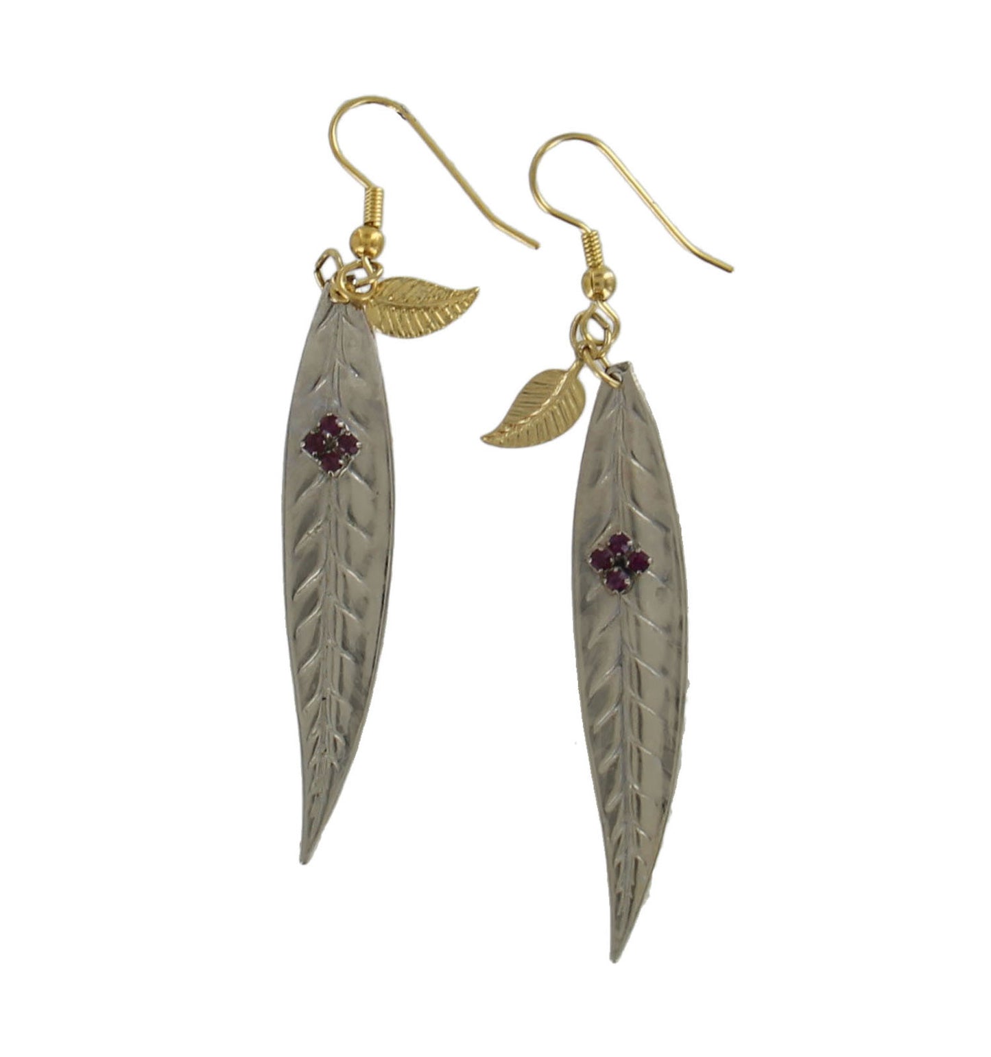Luigi Briglia Purple Rhinestone Gold Silver Tone Leaf Dangle Earrings Pierced