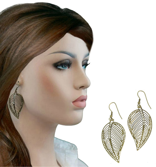 Pierced Earrings Dangle New Gold Tone Rhinestone Fall Leaf 2"