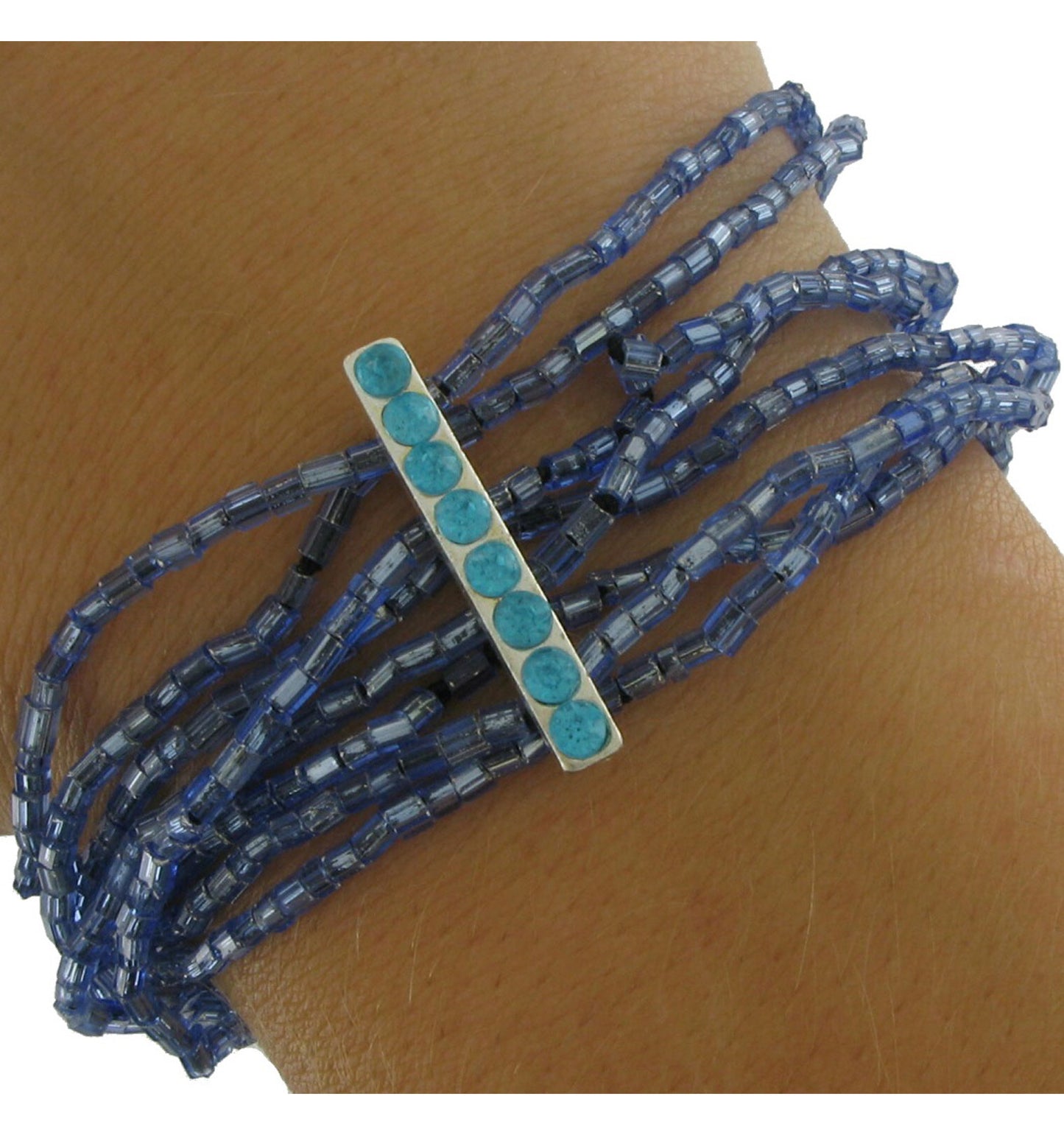Blue Beaded Multistrand Wide Stretch Bracelet 6 1/2"