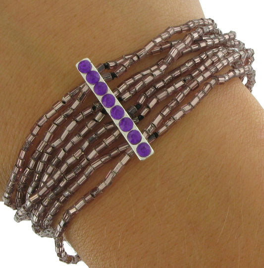 Purple Beaded Multistrand Wide Stretch Bracelet 6 1/2"