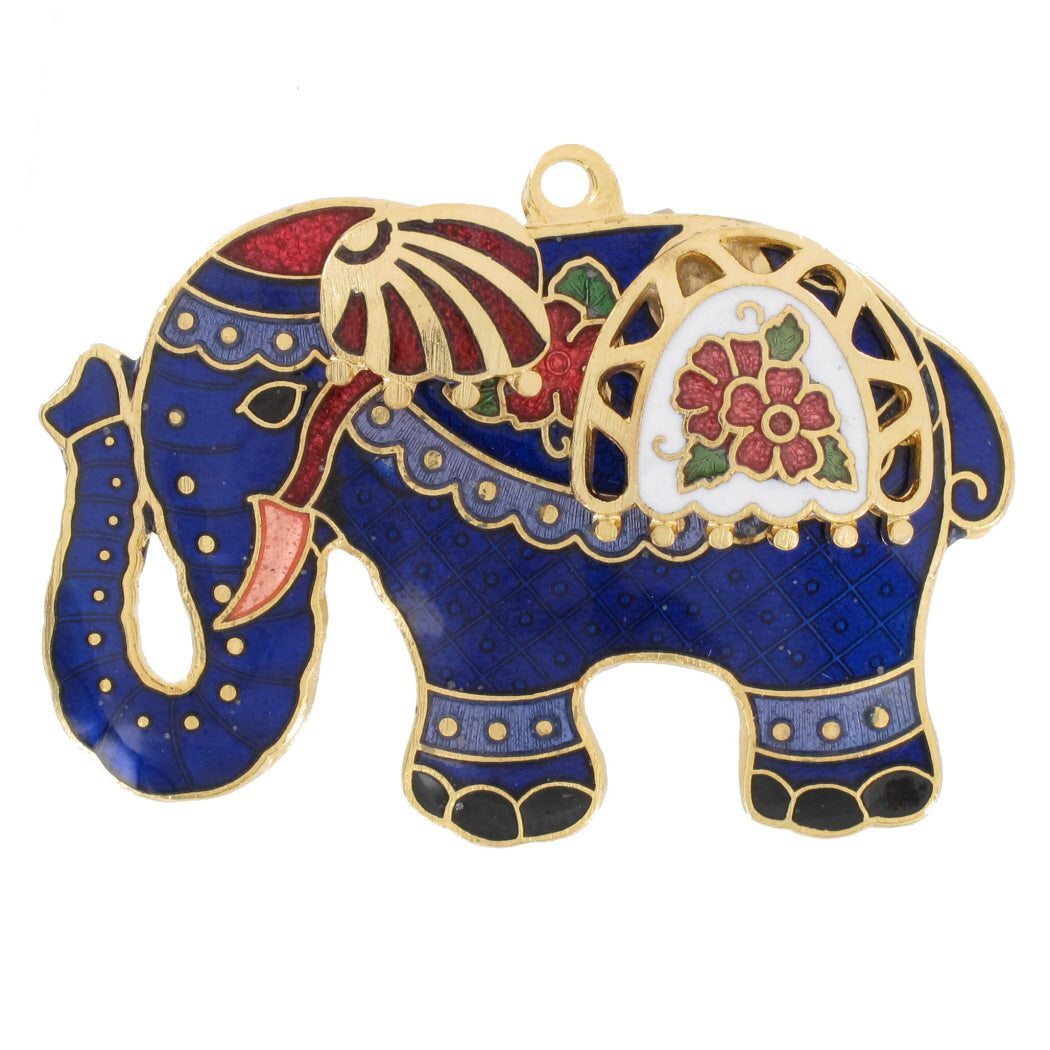 Vintage Blue Cloisonne Enamel Elephant Brooch Pin Or Pendant Gold Tone 1 3/4"