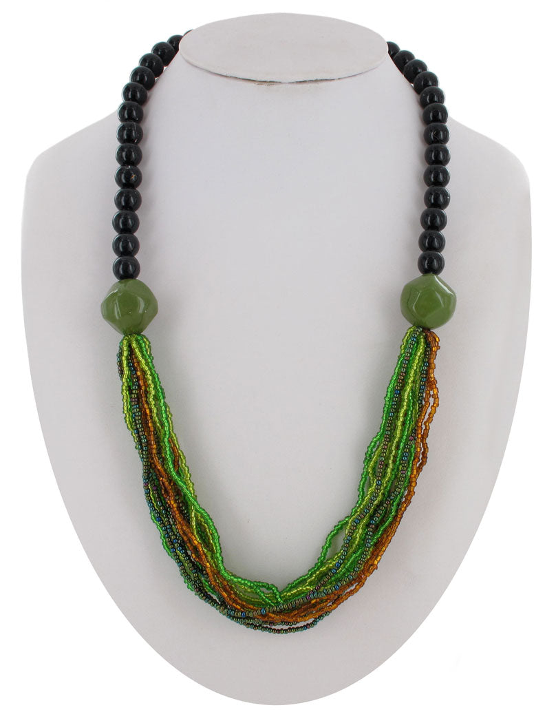 Vintage Green Bead Black Glass Seed Multi Strand Torsade Necklace 24"