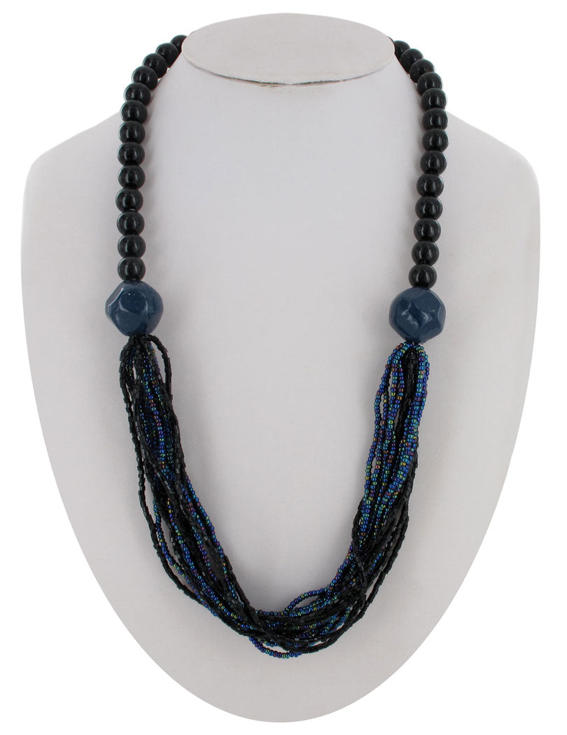 Vintage Black Bead Blue Iridescent Glass Seed Multi Strand Torsade Necklace 24"