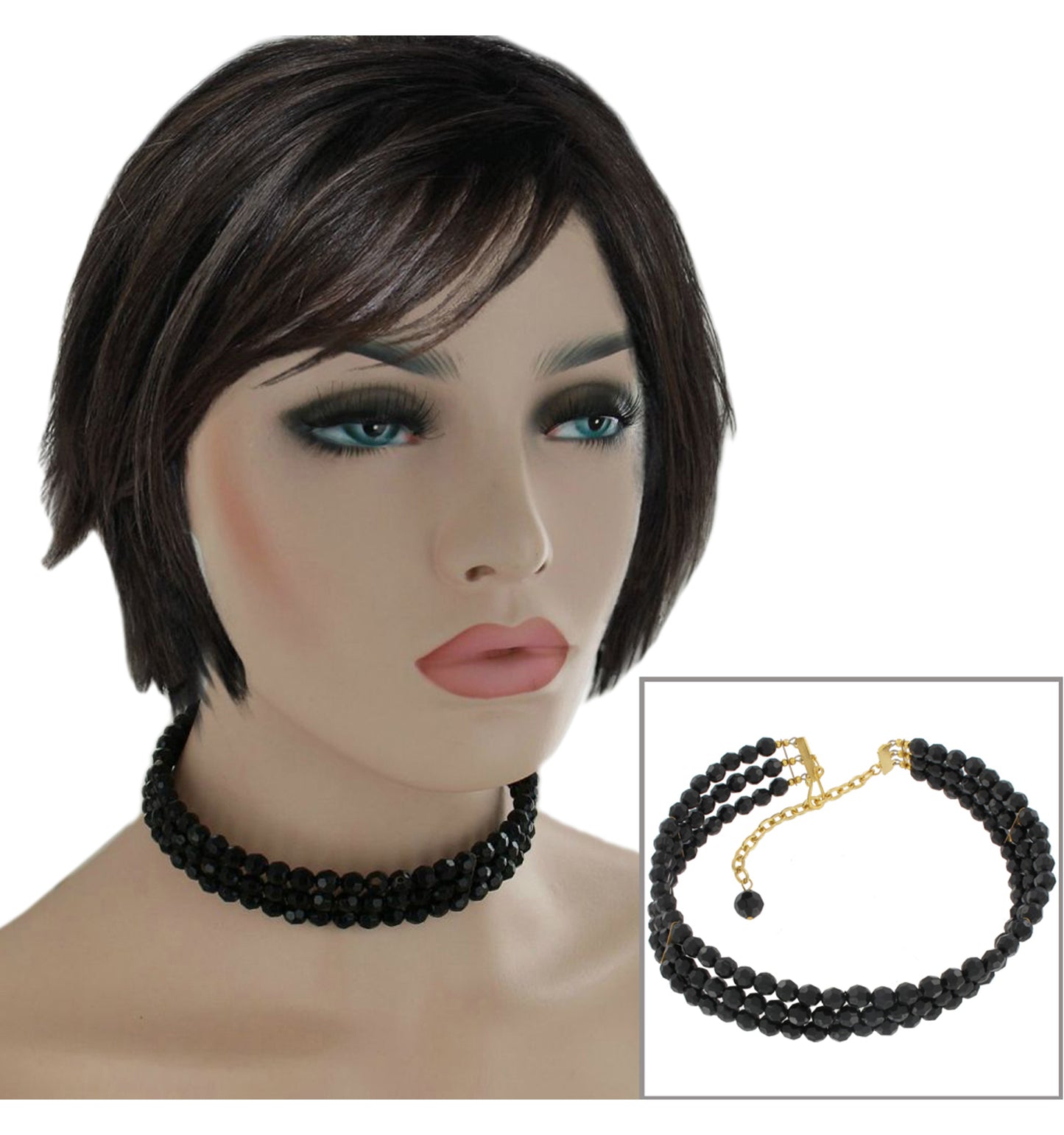 Choker Necklace Faceted Black Beaded Three Multi Strand Adjustable 14-17"