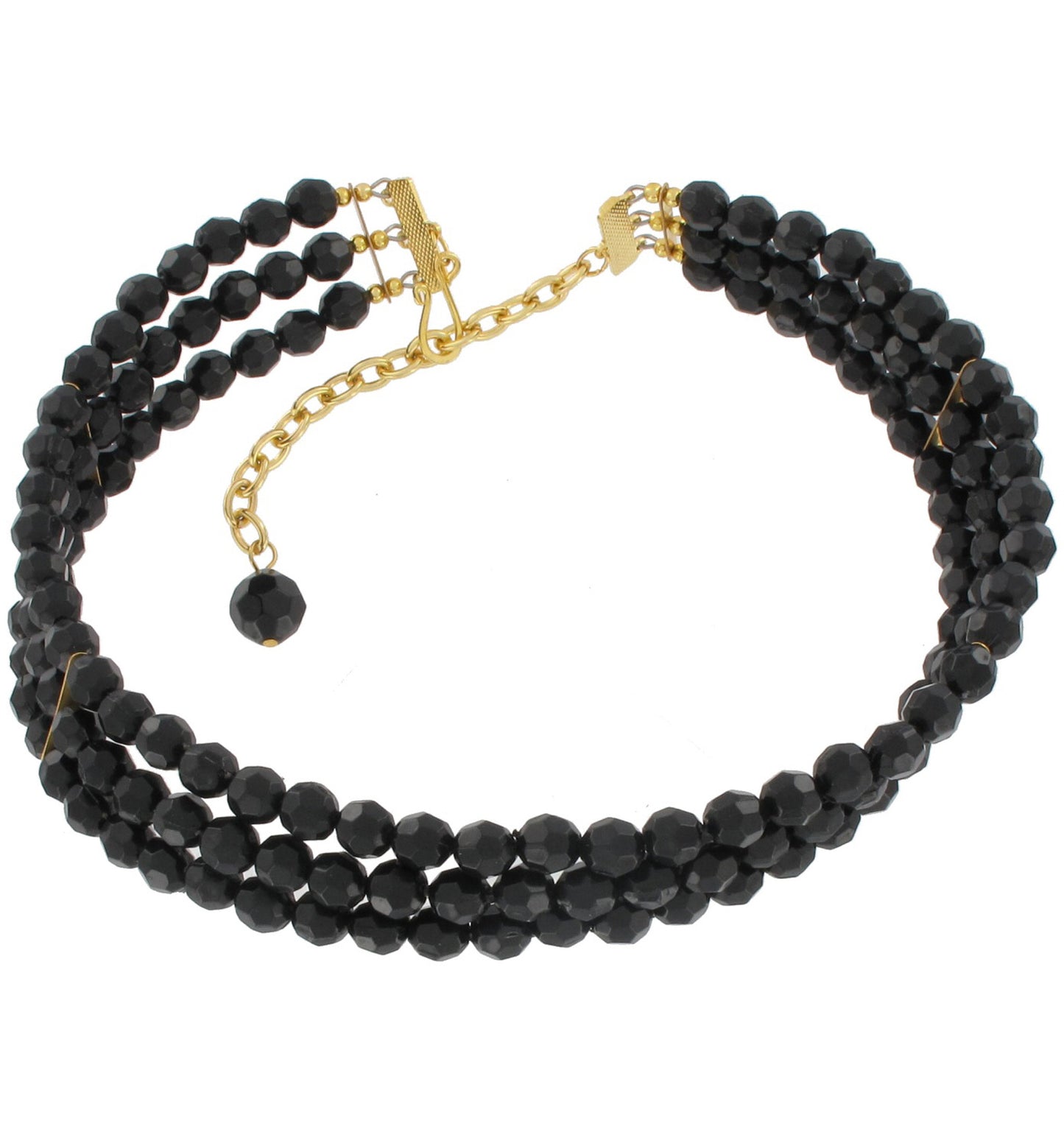 Black Faceted Beaded Multi Strand Large Adjustable Choker Necklace 16-19"