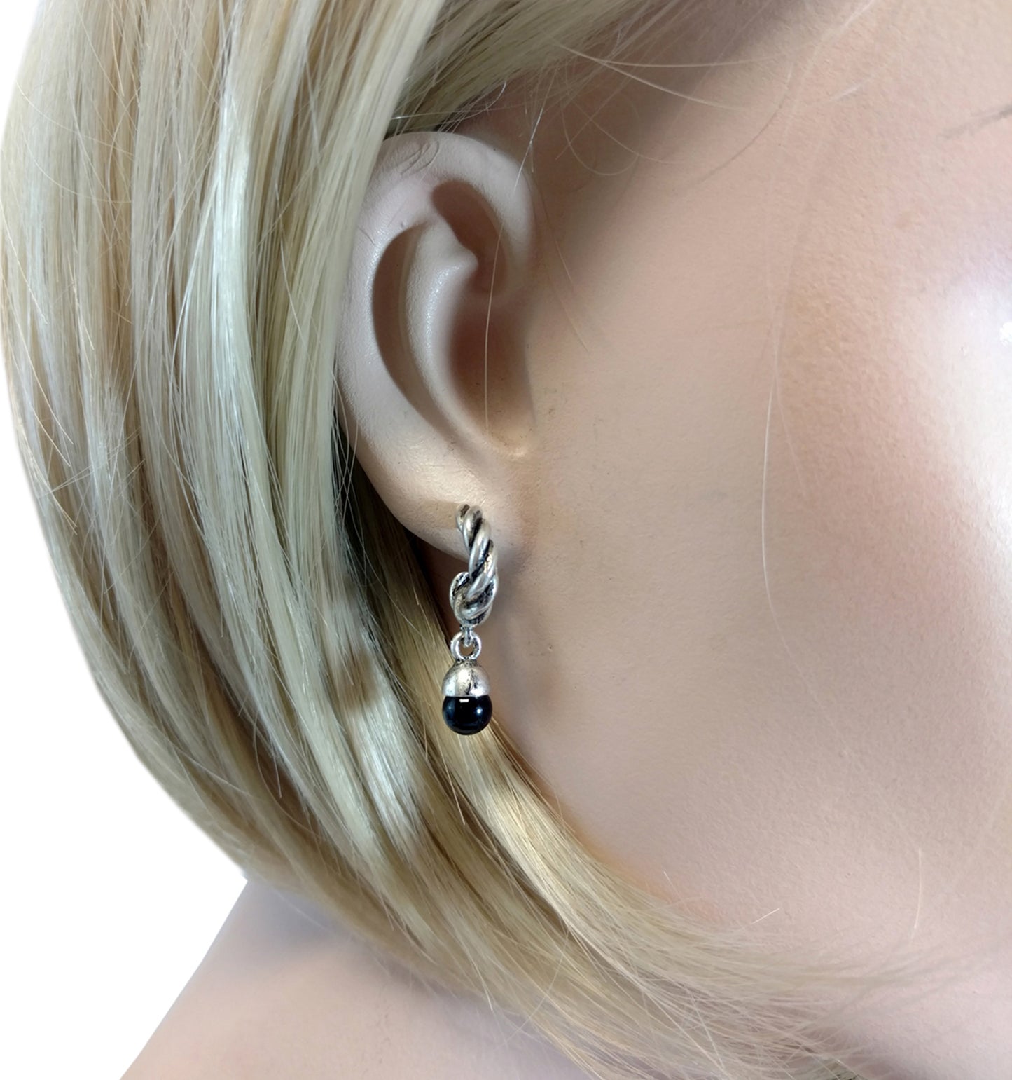 New Antiqued Silver Tone Black Hoop Pierced Earrings 1"