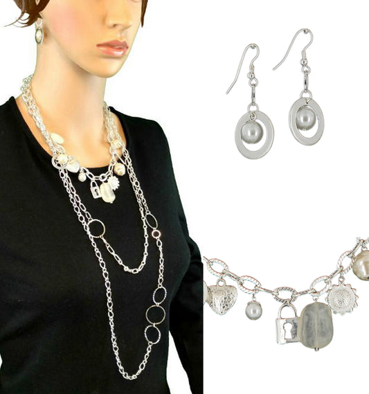 Faux Pearl Pierced Earrings 2" + Layered Silver Tone Charm Necklace Set 34-40"