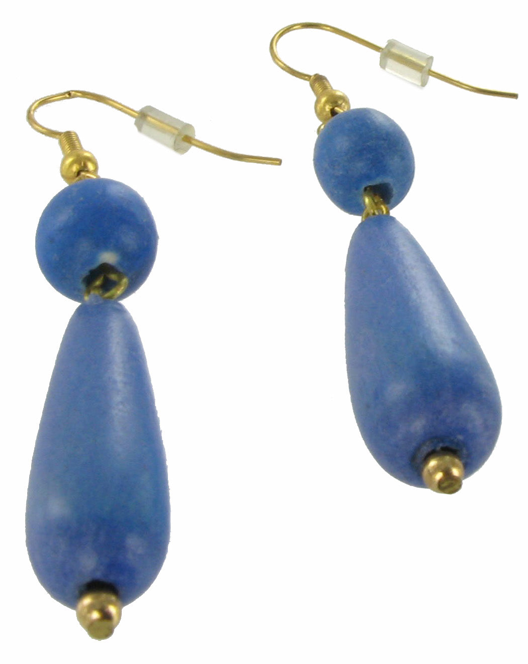 Blue Wash wood Beaded Teardrop Pierced Earrings Long 2 3/4"