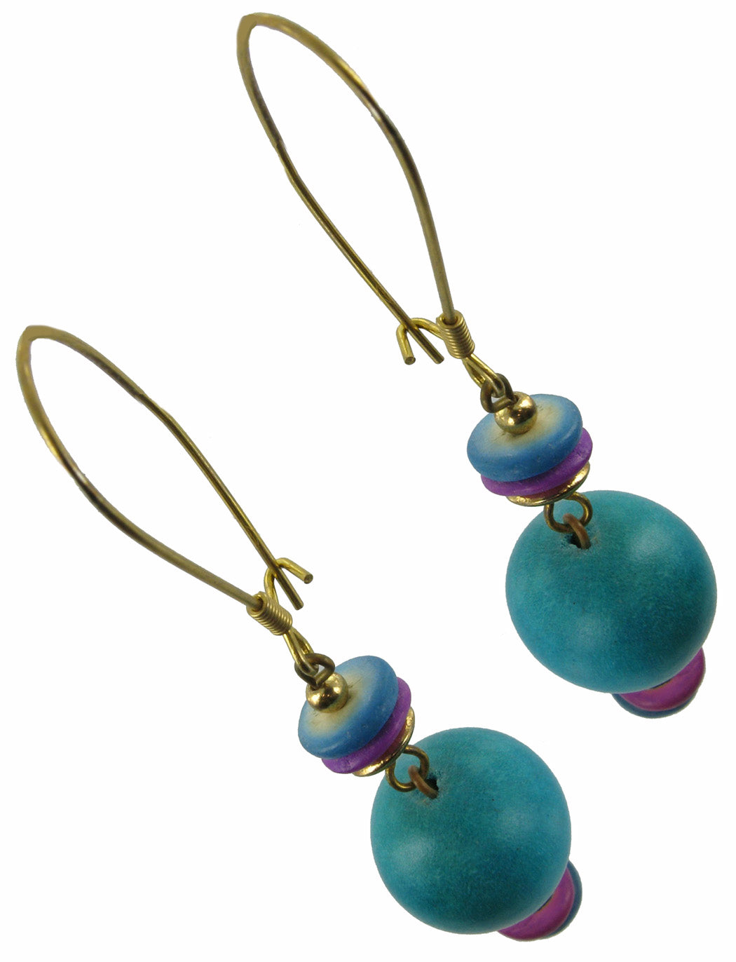 Rainbow Beaded Wood Dangle Turquoise Color Pierced Earrings Long 3 1/4"