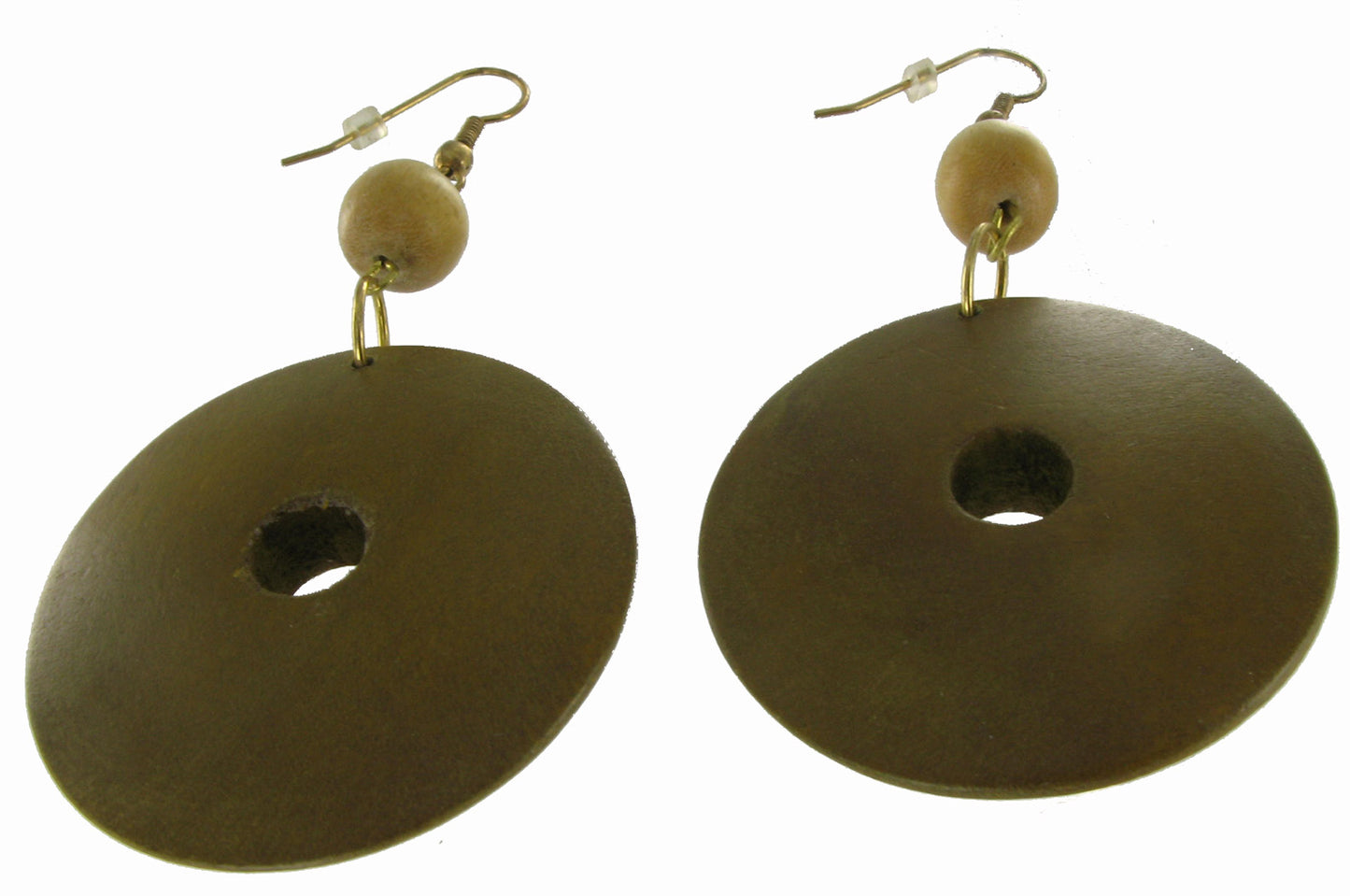 Tropical Long Natural Wooden Brown Disk Hoop Pierced Dangle Earrings 3"