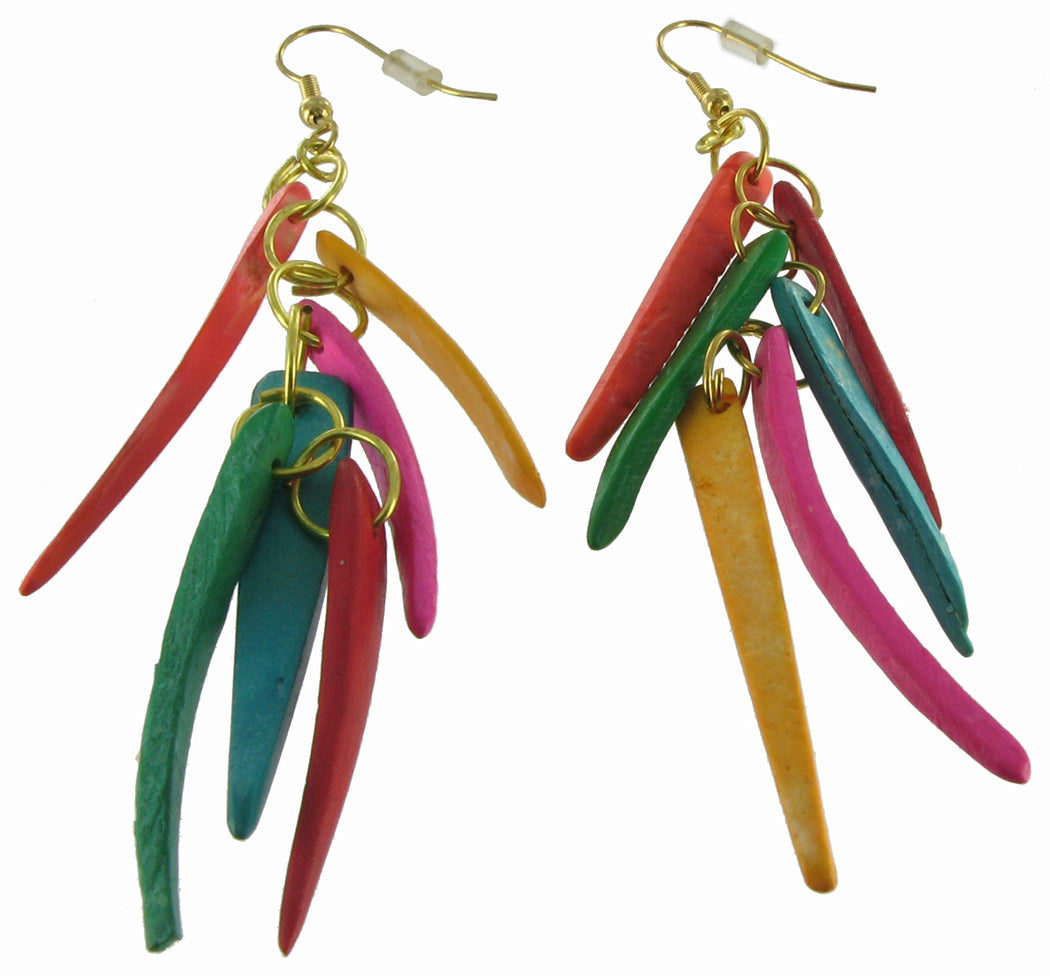 Tropical Multicolor Wooden Fringe Pierced Dangle Statement Earrings Long 4"