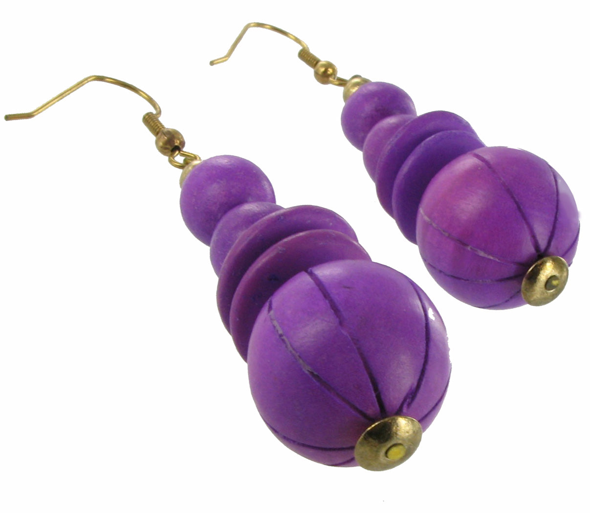 Purple Wooden Beaded Drop Dangle Pierced Earrings Long 3"