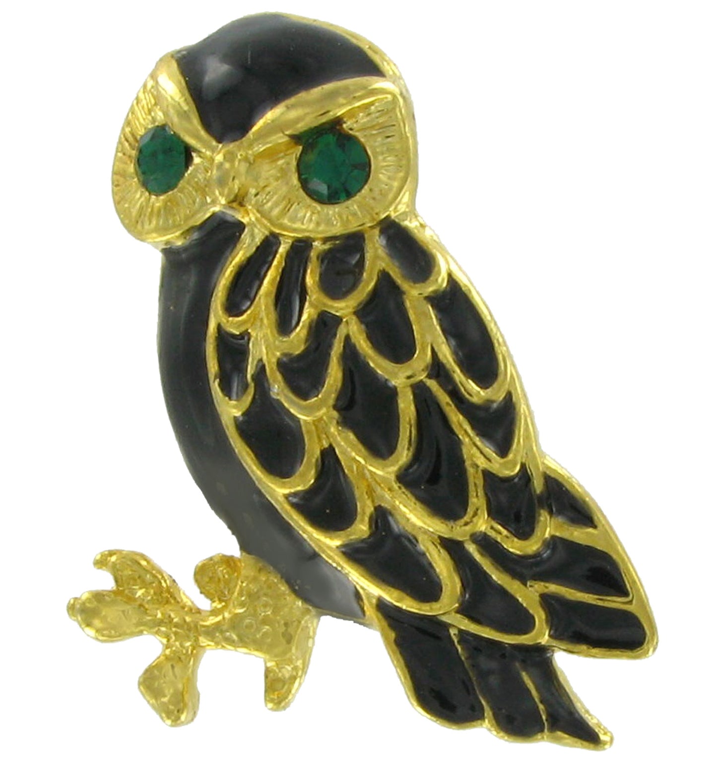 Black Enamel Owl Green Rhinestone Pin Brooch Gold Tone 1 3/8"