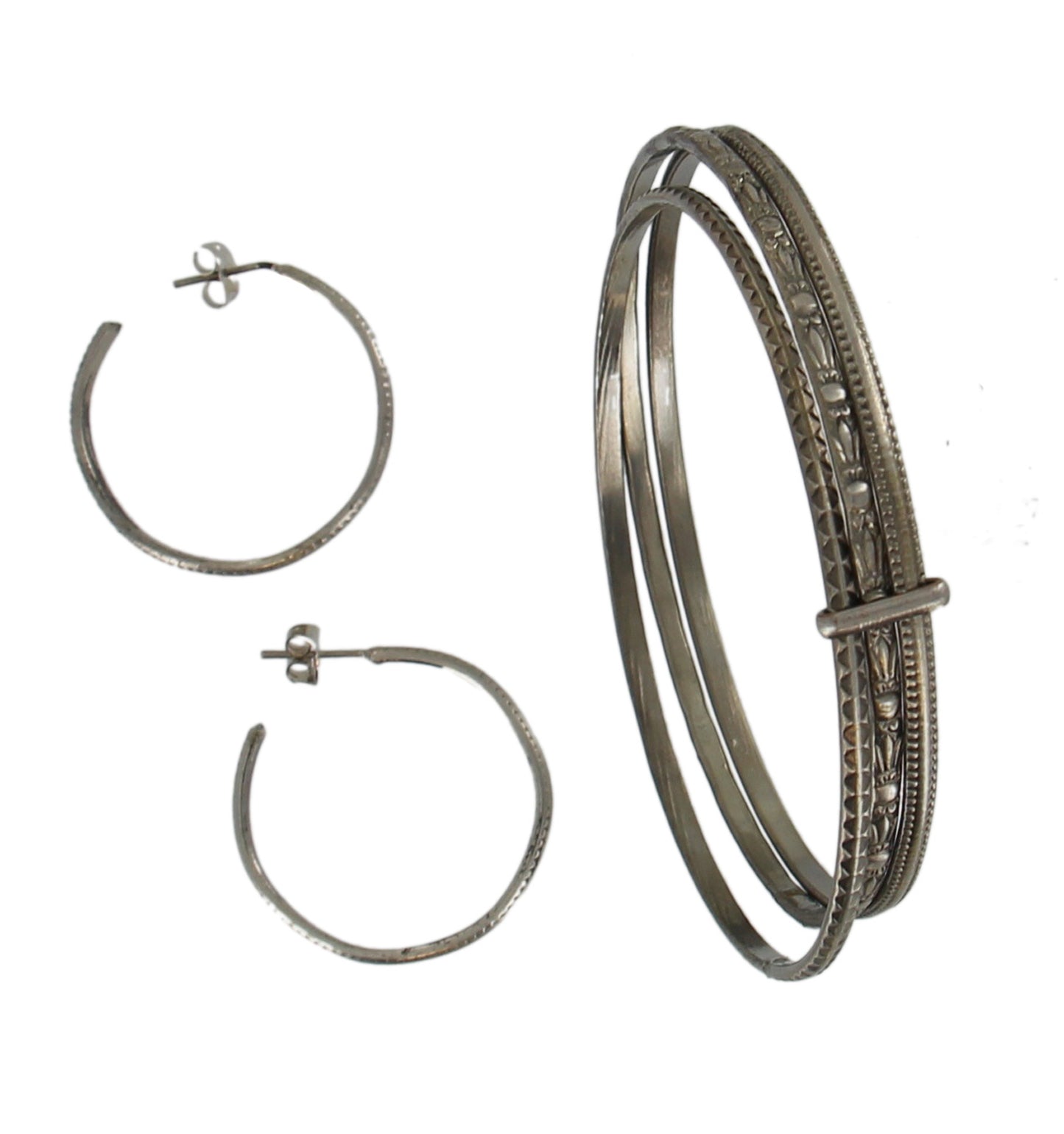 Antiqued Silver Tone Set Of 3 Bangles  Hoop Earrings Boho Bracelet Ladies Size