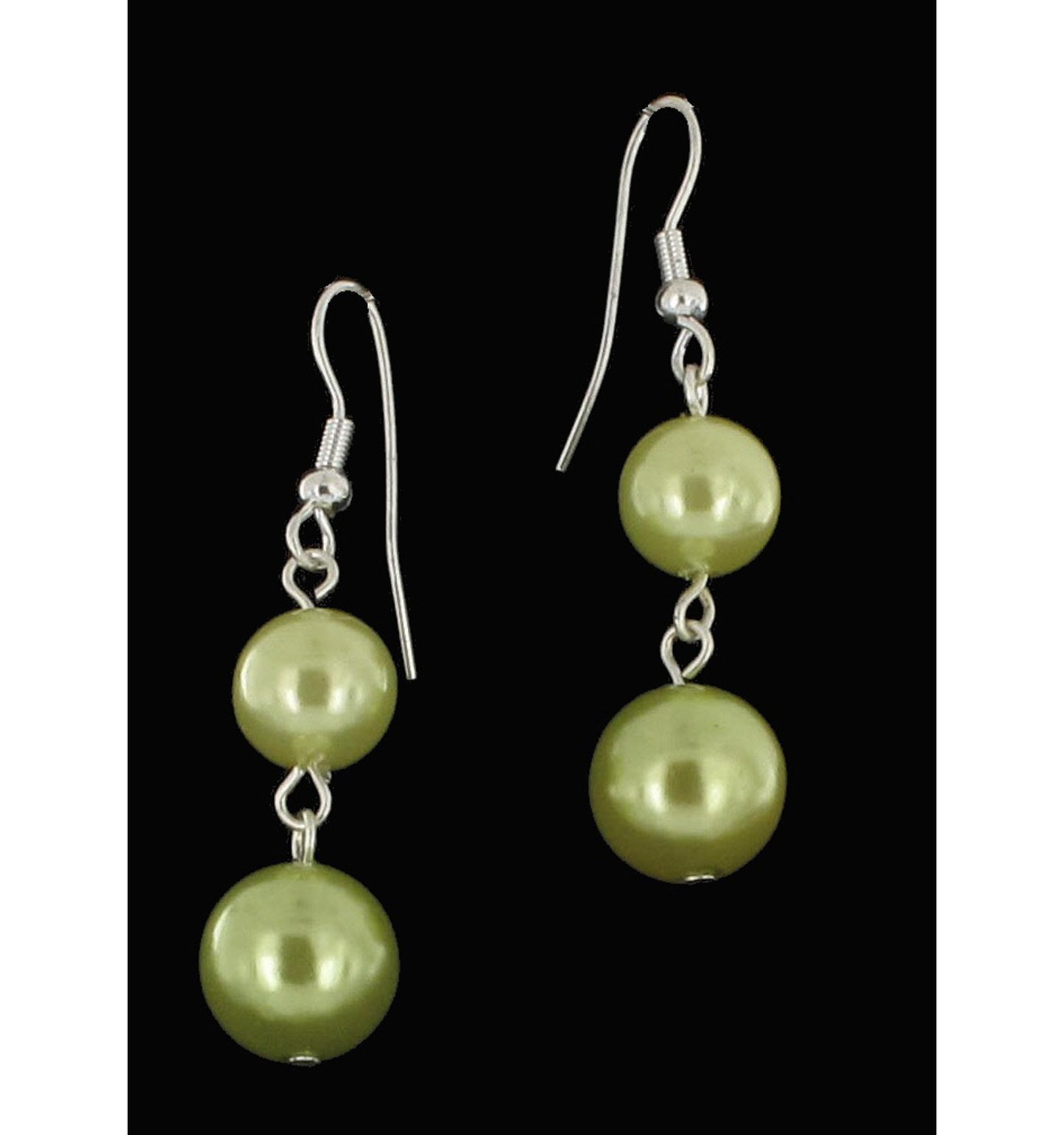 Pierced Earrings 2" + Silver Tone Layered Green Faux Pearl Necklace Set 19-20"