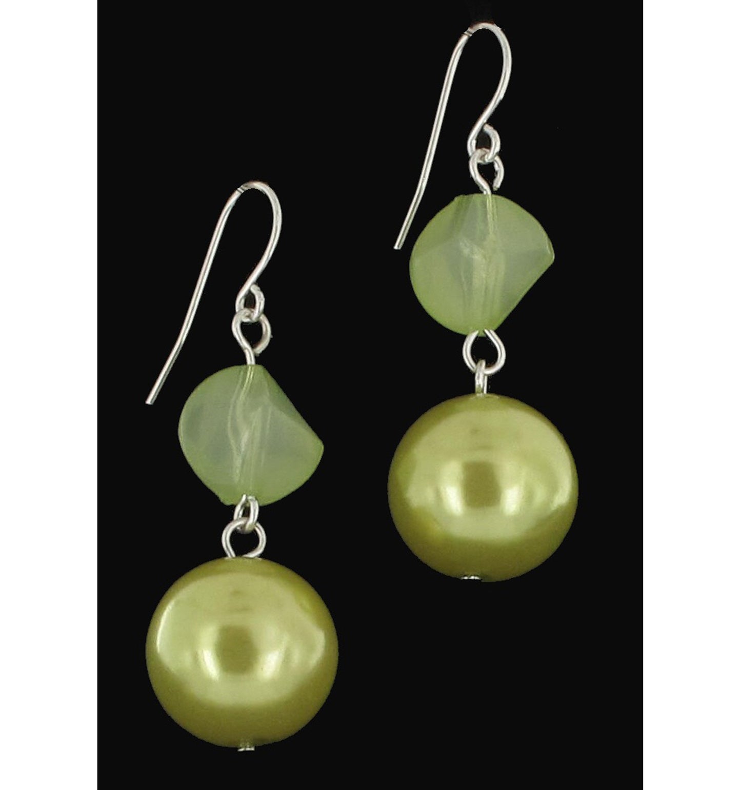 Pierced Earrings 2" + Silver Tone Layered Green Faux Pearl Necklace Set  32-38"