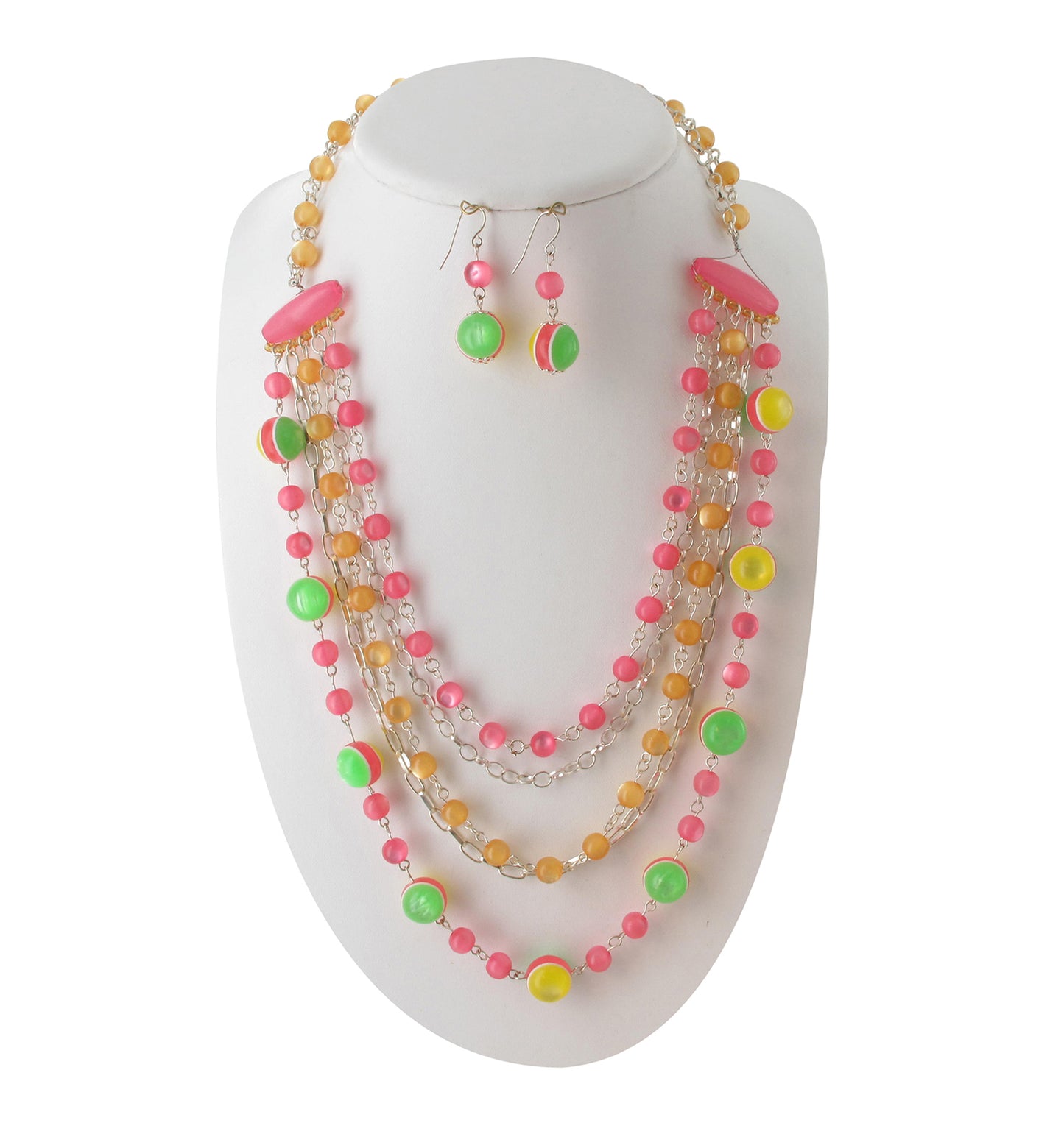 Pink Yellow Beaded Chain Silver Tone Necklace Set 32" Pierced Earrings