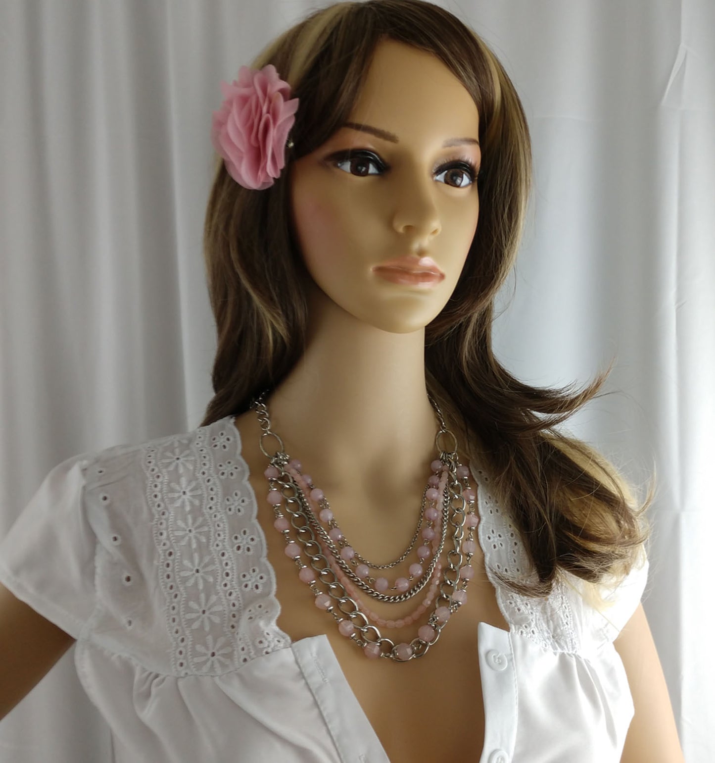 Flower Statement Necklace Beaded Necklace Light Pink Faceted Layered Chains 23"