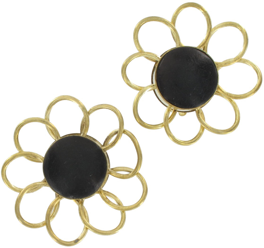 Vintage Gold Tone Raga Black Flower Clip On Earrings 2"