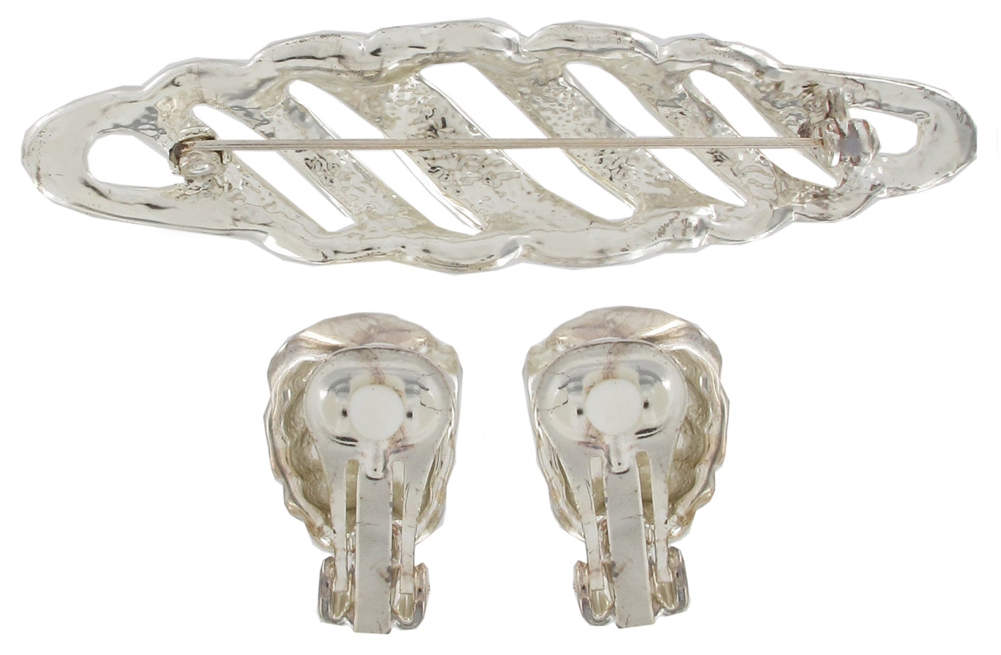 Silver Tone Hoop Clip On Earrings Pin Brooch Jewelry Set 3"