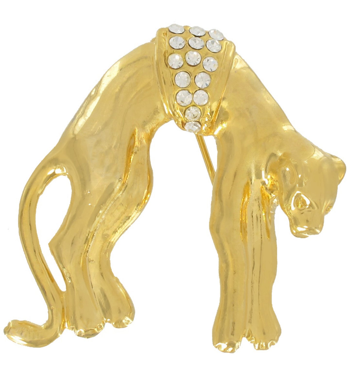 Panther Big Cat Gold Tone Rhinestone Pin Brooch 1 3/4"