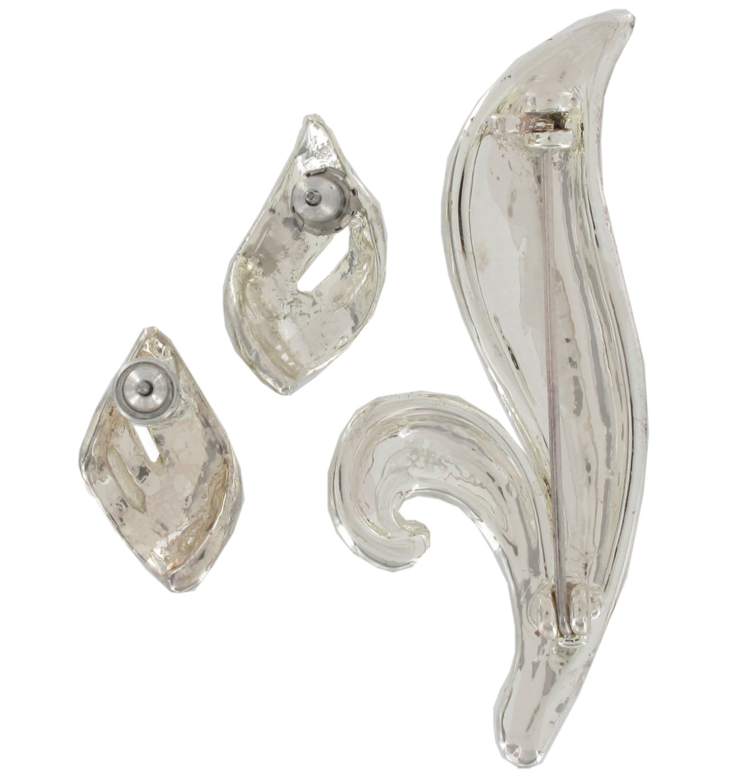 Silver Tone Leaf Stud Pierced Earrings 3/4" + Pin Brooch 2 1/8" Jewelry Set