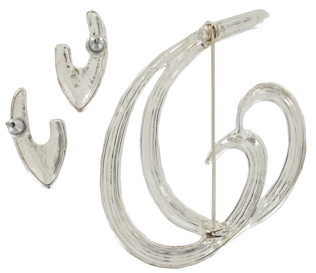 Silver Tone Pin Brooch 2" + Pierced Earrings 3/4" Jewelry Set