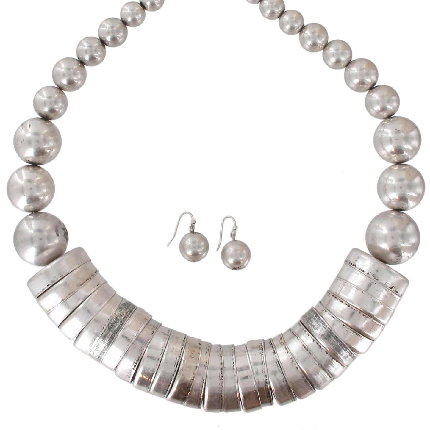 Dangle Pierced Earrings 1/2" + Statement Silver Tone Beaded Necklace 23" Set