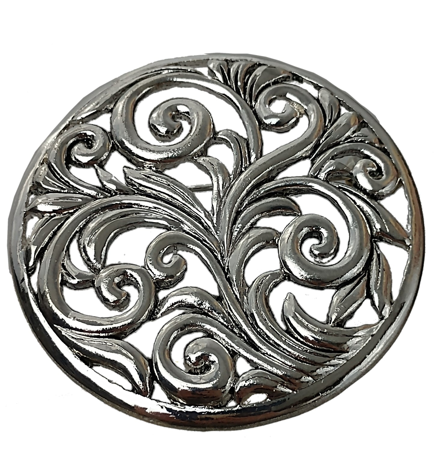 Silver Tone Openwork Leaves Nature Large Round Decorative Brooch Pin 1 3/4"