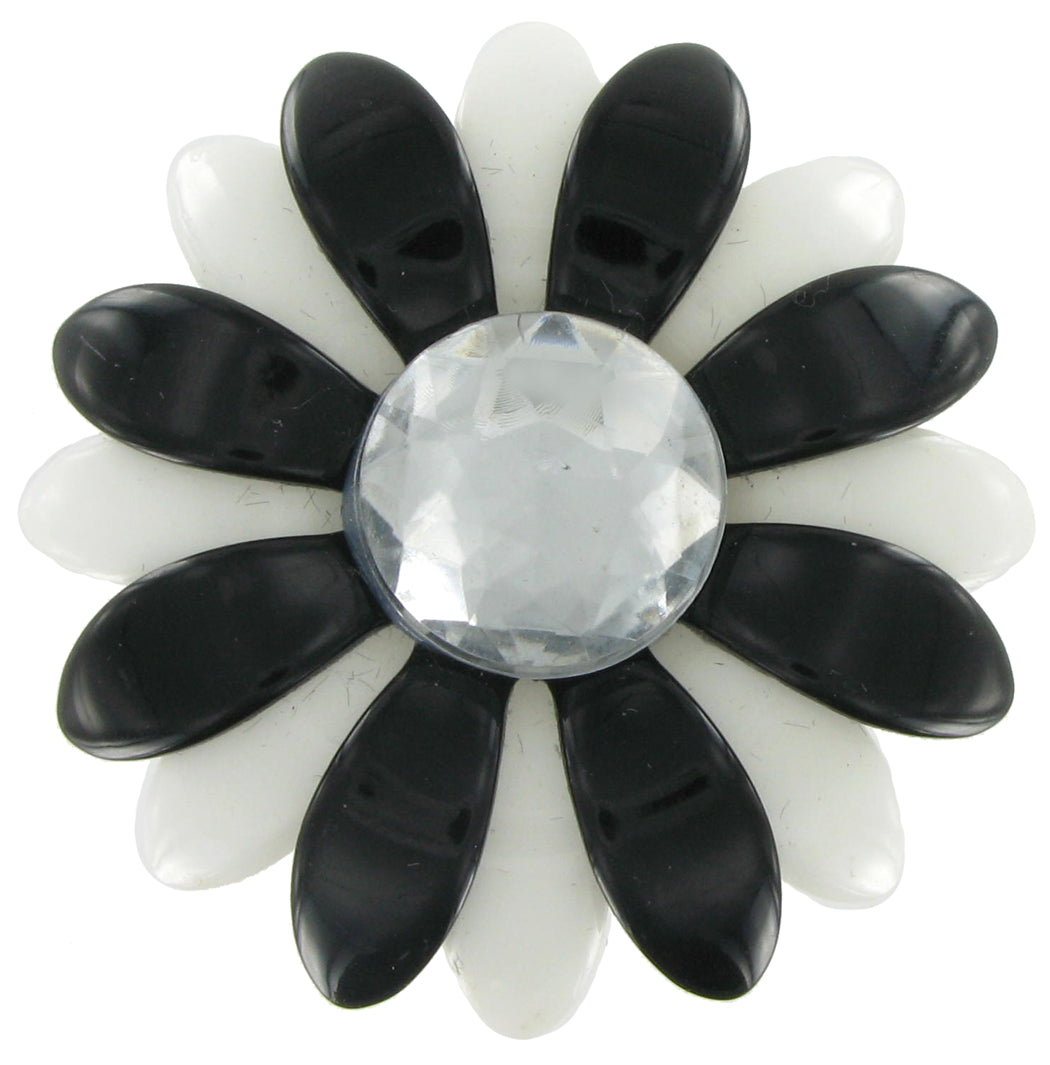Large Black White Plastic Flower Statement Pin Brooch 2 1/4" Vintage VNOS