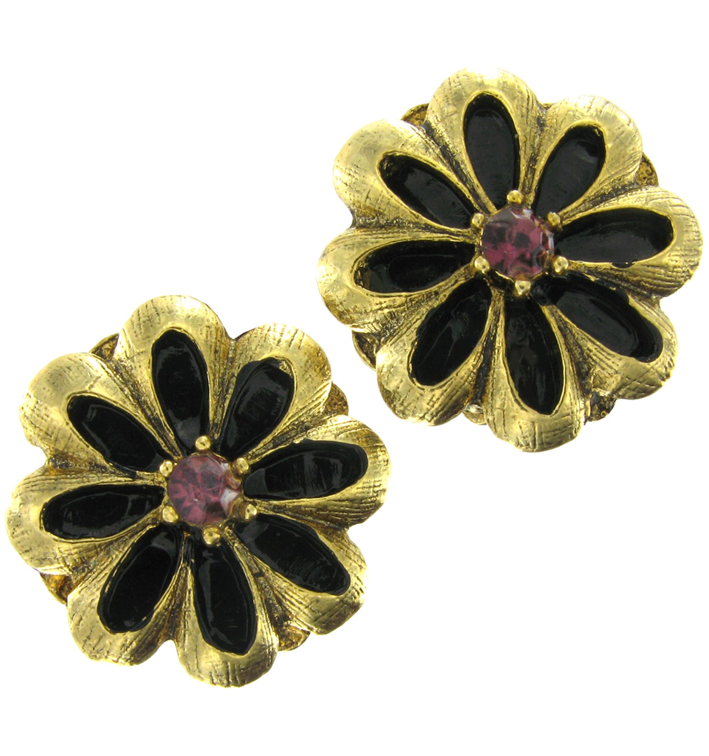Gold Tone Flower Black Purple Clip Earrings  7/8"