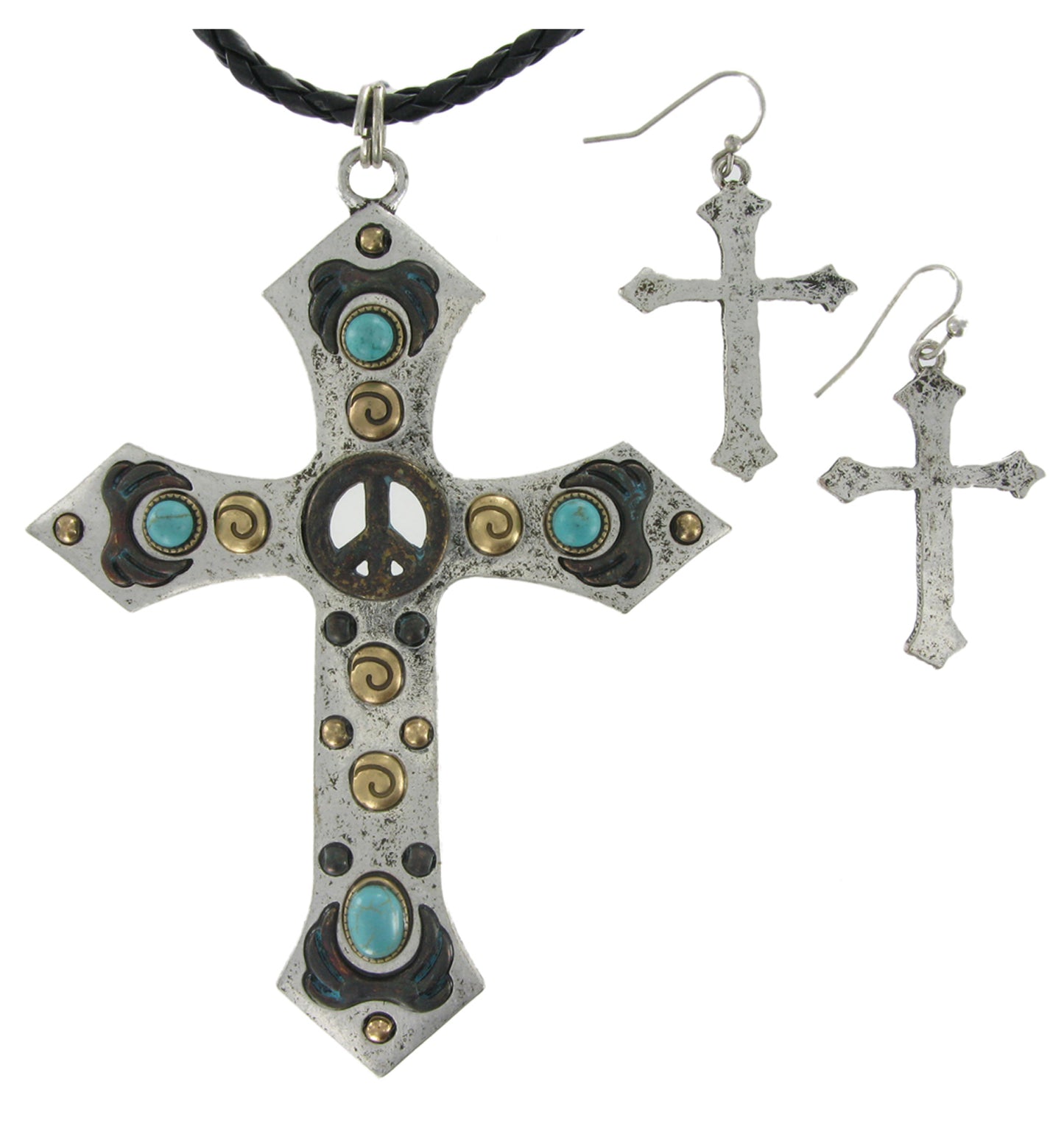 Womens Jewelry Set Antiqued Silver Tone Crucifix Cross Pendant Necklace Earrings