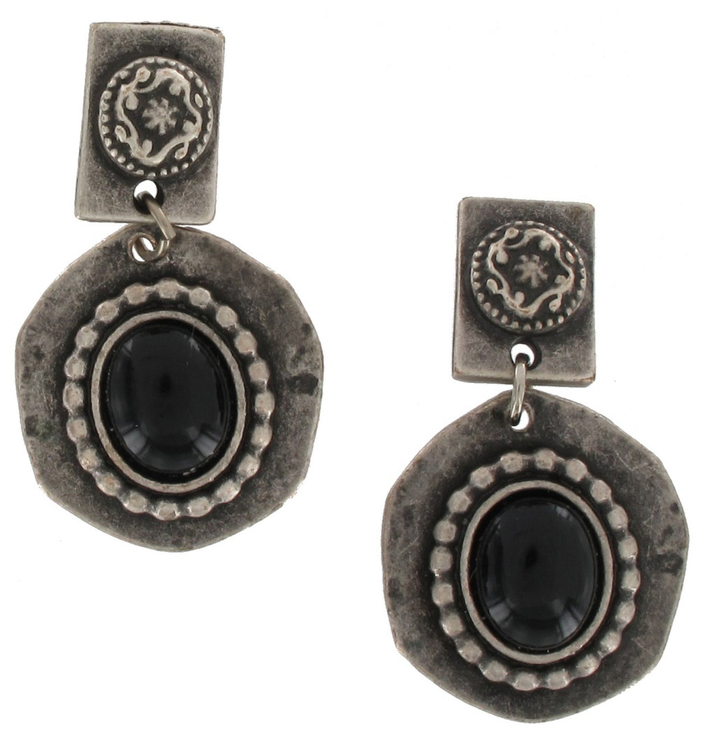 Silver Tone Black Stone Abstract Dangle Earrings 1 1/4"