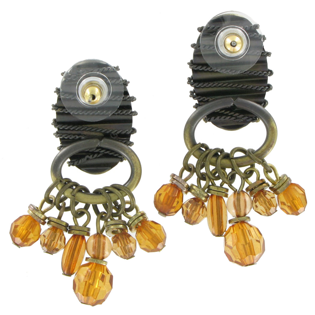 Antiqued Gold Tone Amber Brown Beaded Pierced Earrings 2"