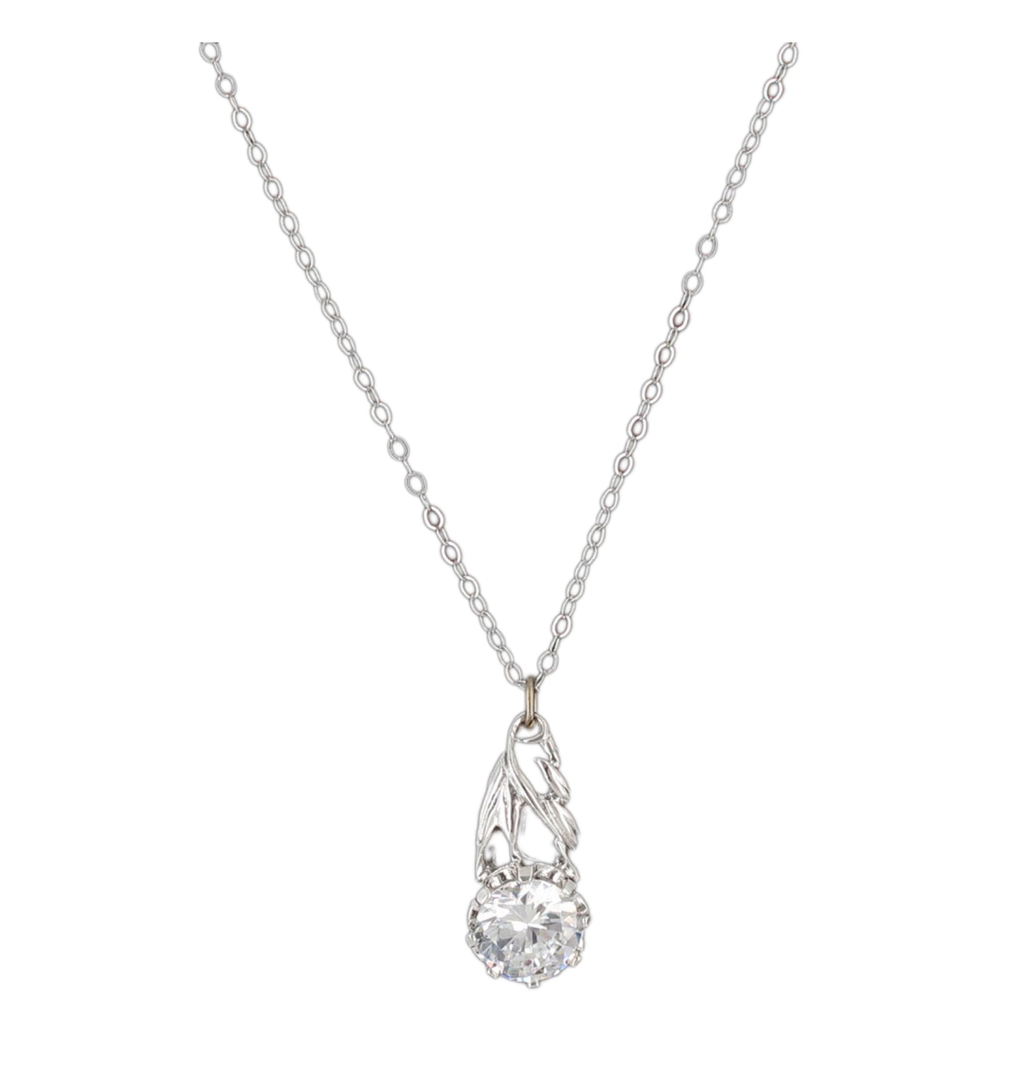 Clear Rhinestone Leaf Pendant 3/4" + Silver Tone Chain Necklace 18"