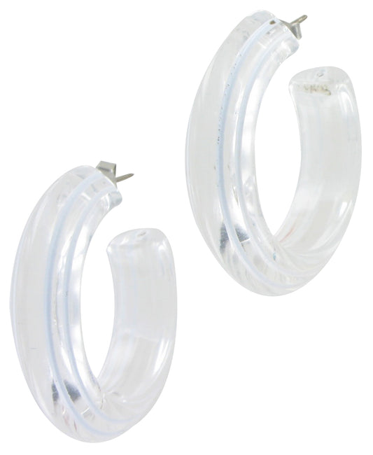 Clear White Striped Pierced Thick Hoop Earrings 1 1/2"