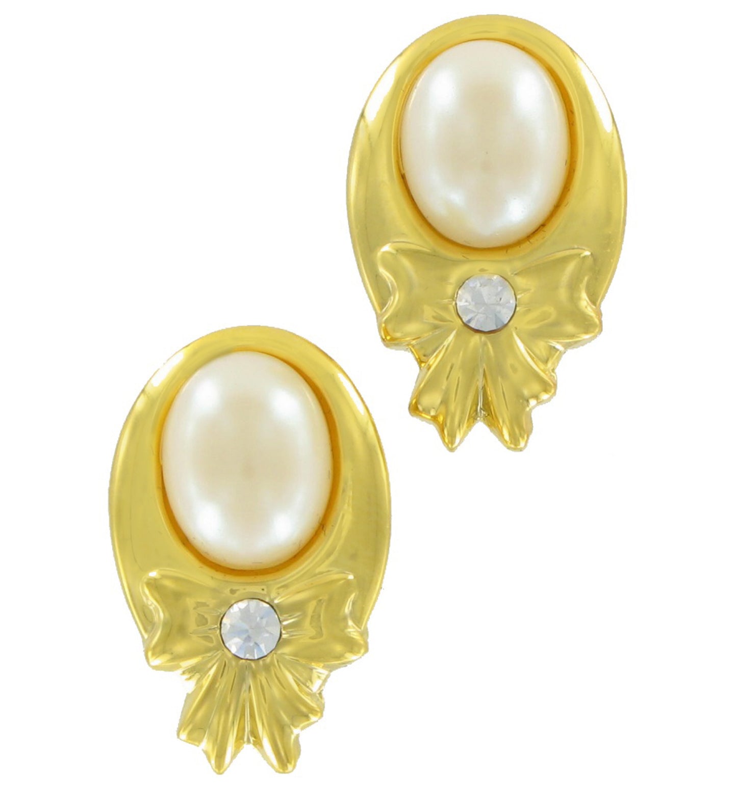 Pierced Earrings Gold Tone Faux Pearl Bow Rhinestone 2 5/8"