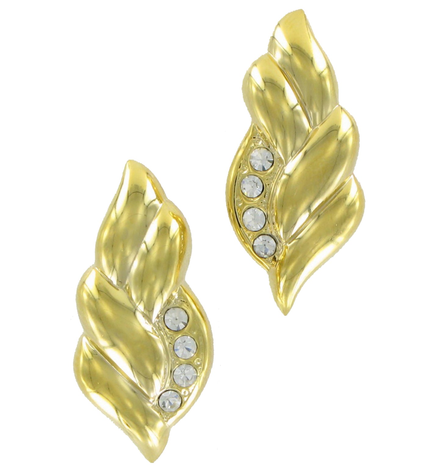 Rhinestone Fall Leaf Abstract Gold Tone Stud Pierced Earrings 1"