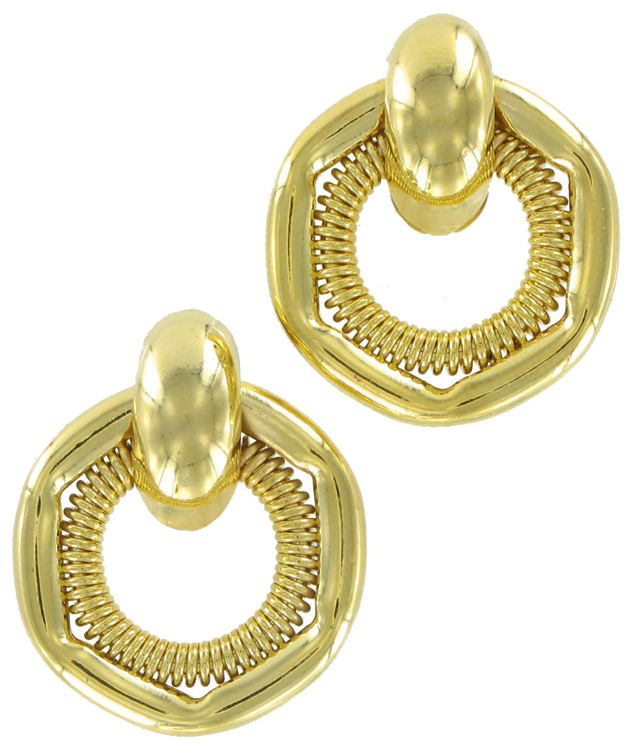 Hexagon Doorknockers Gold Tone Pierced Earrings 7/8" Vintage