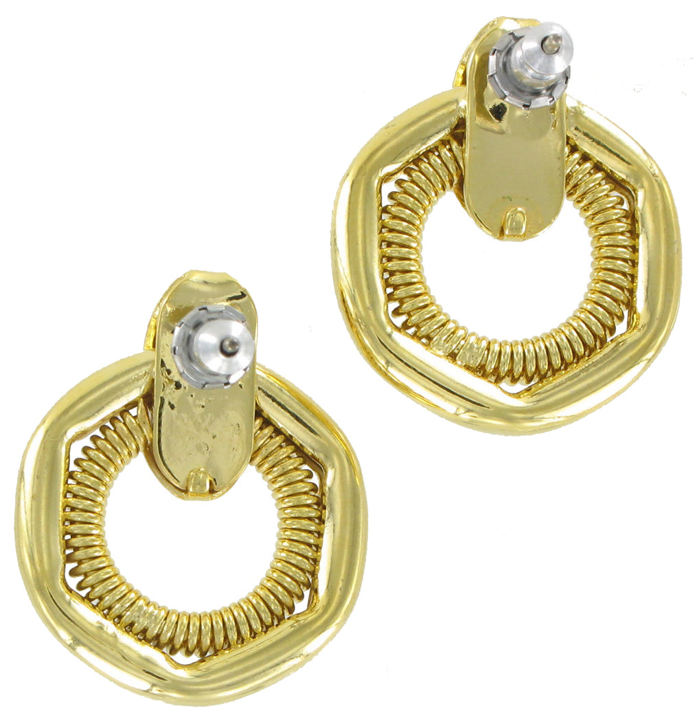 Hexagon Doorknockers Gold Tone Pierced Earrings 7/8" Vintage