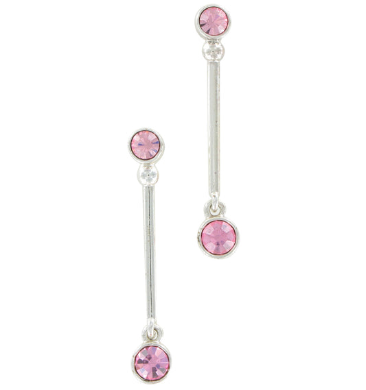 Dangle Pierced Earrings Pink Rhinestone Stick Drop 1 1/2"