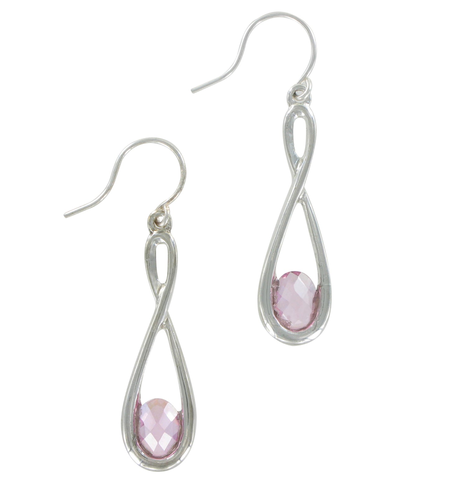 Dangle Pierced Earrings Silver Tone Pink Rhinestone Teardrop 1 1/8"