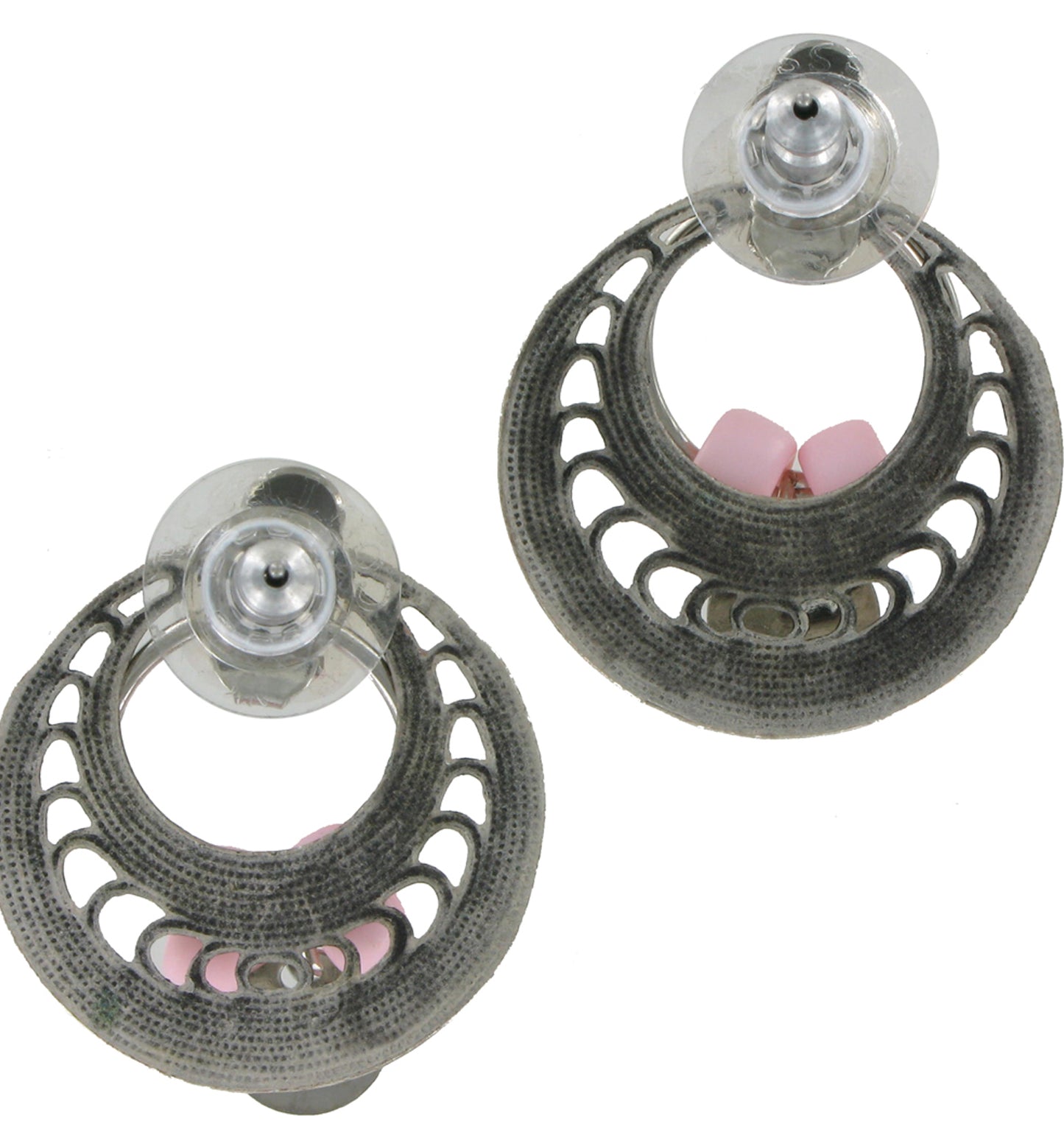Doorknocker Silver Tone Ethnic Tribal Fall Leaf Pink Beaded Pierced Earrings 1"