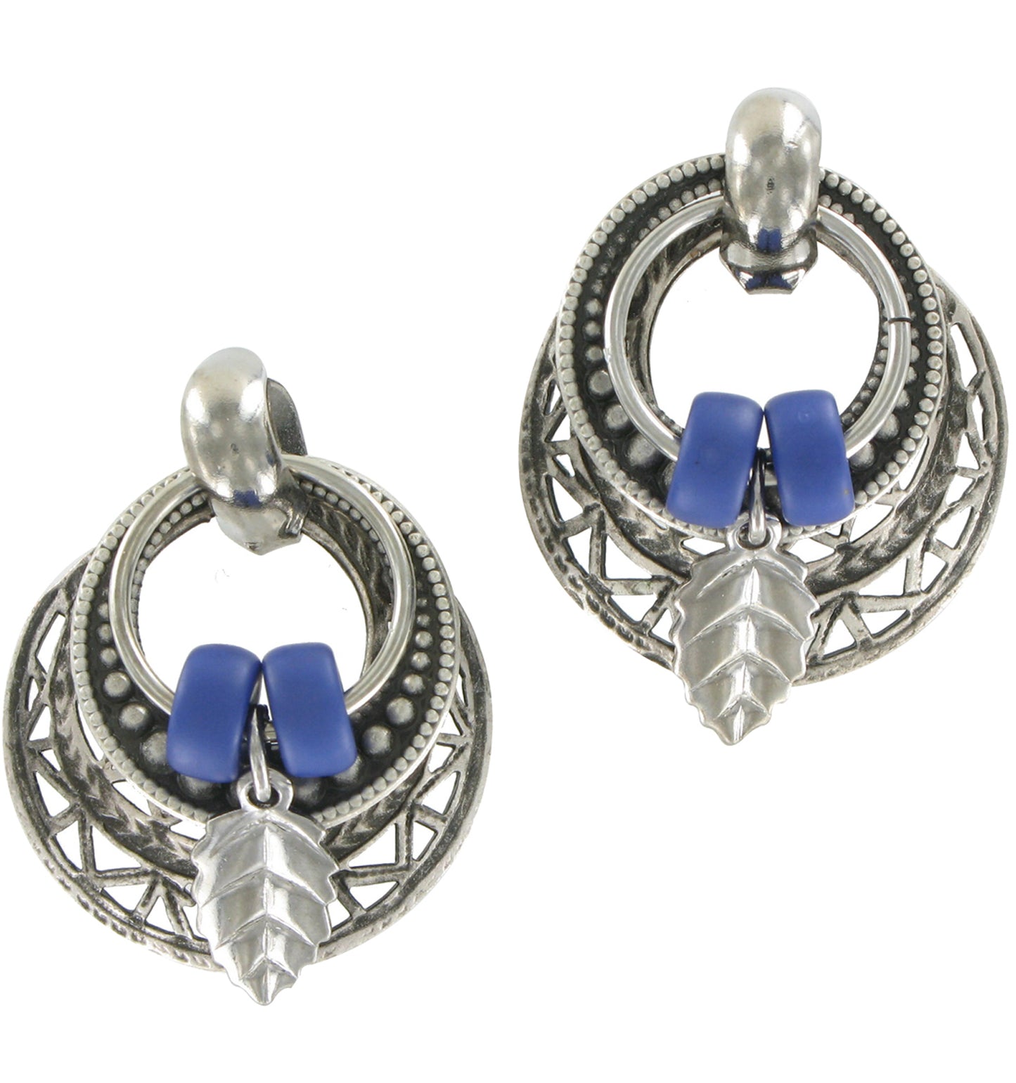 Doorknocker Earrings Silver Tone Tribal Ethnic Blue Leaf Pierced Earrings 1"