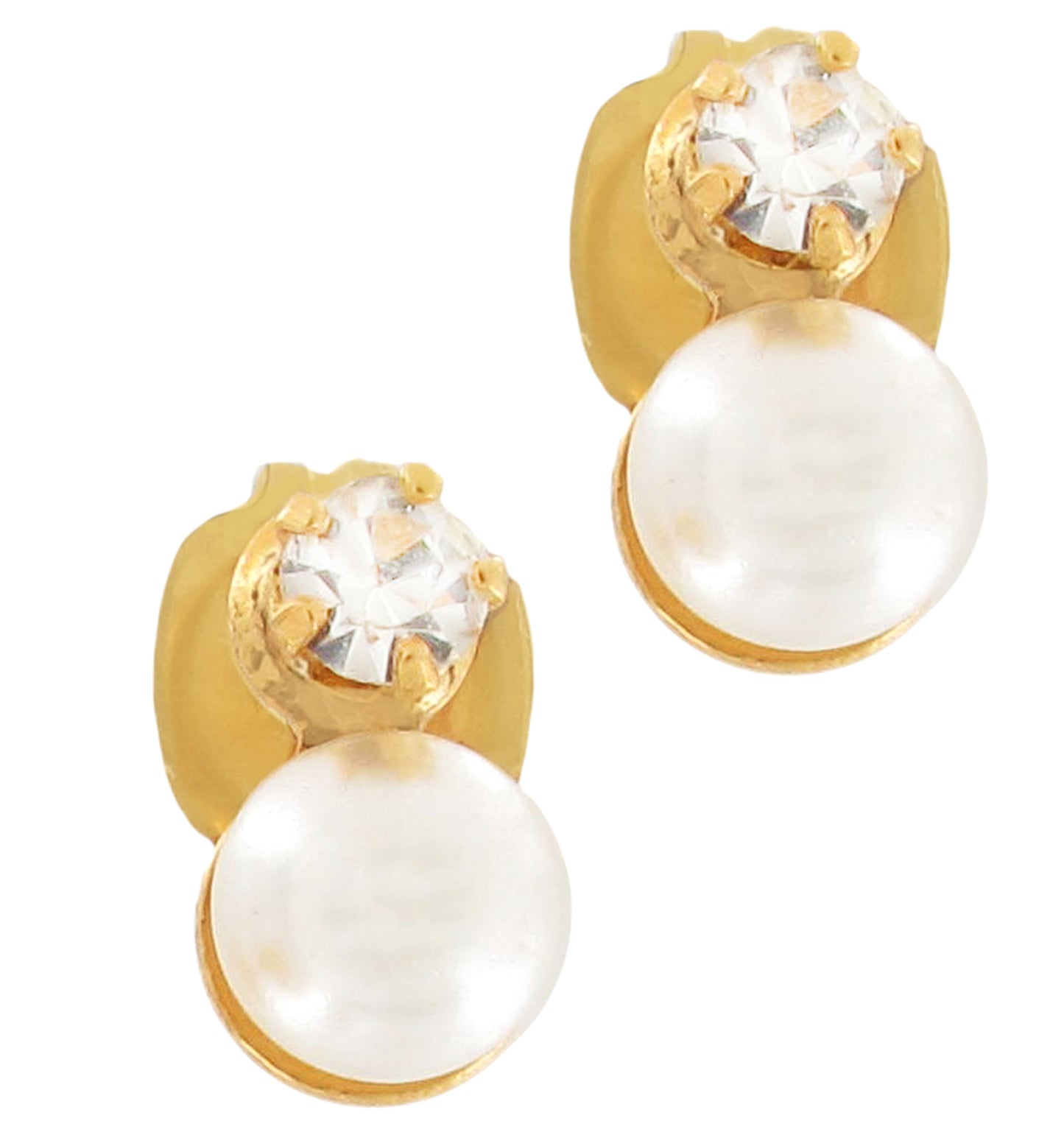 Gold Tone Stud Pierced Earrings Clear Rhinestone Faux Pearl 6mm