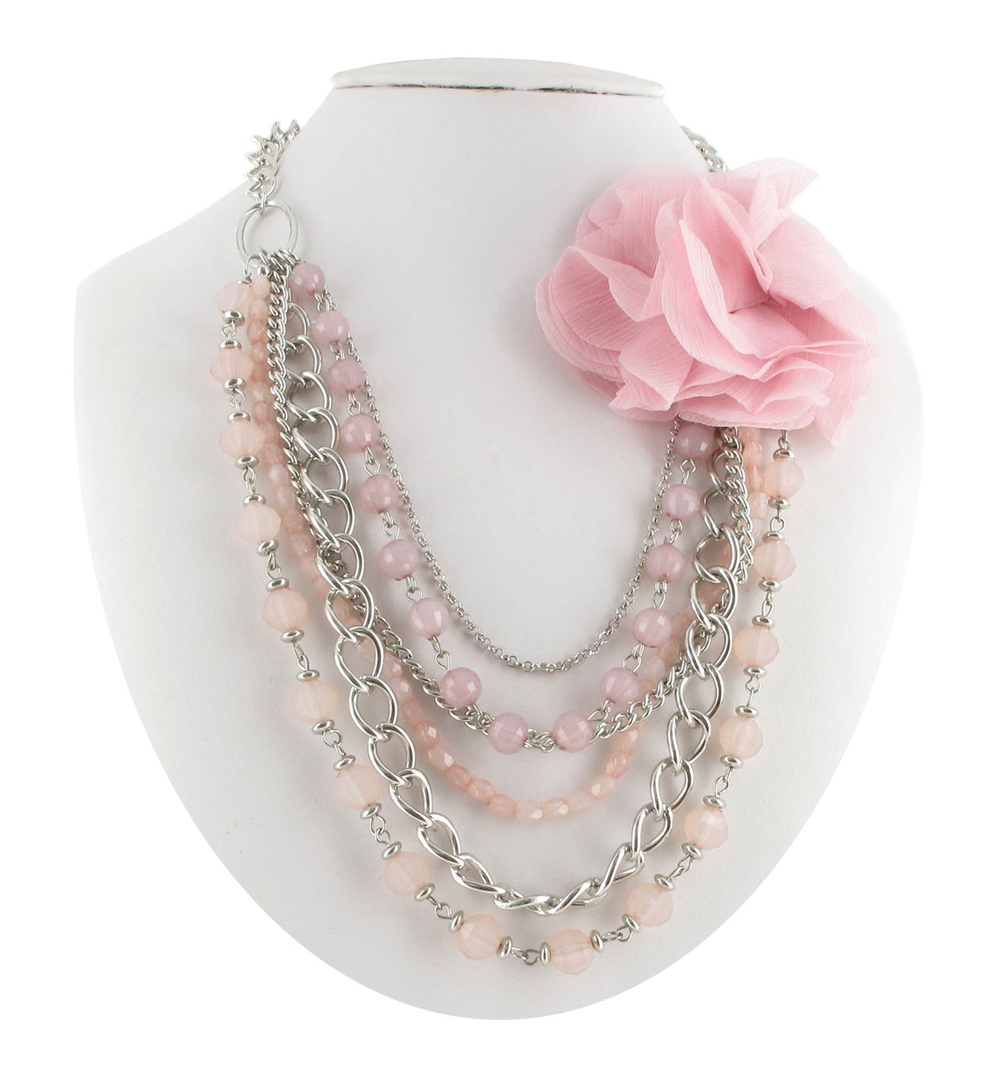 Pink Flower Statement Beaded Silver Tone Chain Layered Multistrand Necklace 23"